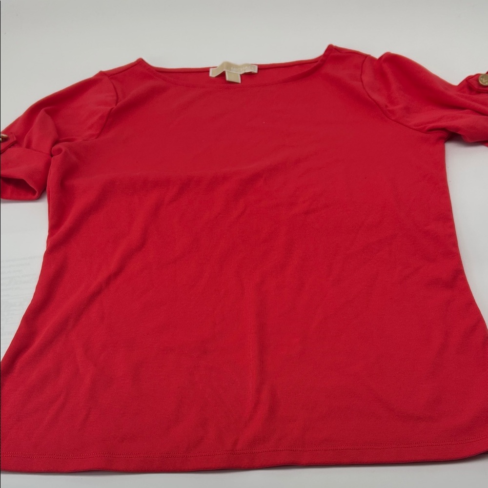 Michael Kors Red Short Sleeve Boatneck Top with Button Detail
